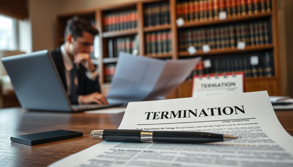 A professional setting focused on the concept of legal requirements for terminations. In the foreground, a close-up of a formal document titled "Termination Notice," neatly placed on a wooden desk, surrounded by a sleek black pen and a professional business card. The middle layer showcases a blurred figure in business attire, thoughtfully reviewing the document with a laptop open nearby, emphasizing a serious atmosphere. In the background, an office scene with a bookcase filled with law books and a calendar marked with important dates, hinting at compliance and legal matters. The lighting is soft yet focused, conveying a sense of professionalism and clarity, captured with a Sony A7R IV at 70mm with a polarized filter, ensuring sharp definition and vibrant colors. A professional setting focused on the concept of legal requirements for terminations. In the foreground, a close-up of a formal document titled "Termination Notice," neatly placed on a wooden desk, surrounded by a sleek black pen and a professional business card. The middle layer showcases a blurred figure in business attire, thoughtfully reviewing the document with a laptop open nearby, emphasizing a serious atmosphere. In the background, an office scene with a bookcase filled with law books and a calendar marked with important dates, hinting at compliance and legal matters. The lighting is soft yet focused, conveying a sense of professionalism and clarity, captured with a Sony A7R IV at 70mm with a polarized filter, ensuring sharp definition and vibrant colors.