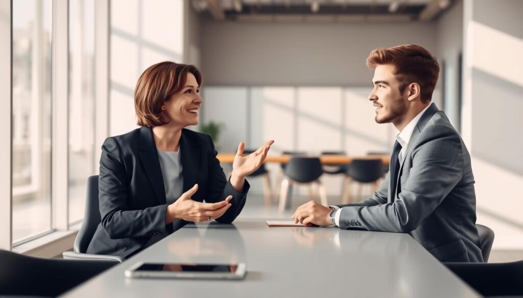 A professional setting for a "Kennenlerngespräch" meeting between a hiring manager and a candidate. The foreground shows two individuals seated at a sleek conference table, both dressed in smart business attire. The hiring manager, a middle-aged woman with short brown hair, is gesturing warmly as she speaks. The candidate, a young man with neatly styled hair, appears engaged and attentive. In the middle background, a modern office environment with large windows allowing natural light to flood in, casting soft shadows across the room. The atmosphere is friendly and inviting, conveying a sense of open dialogue. Shot on a Sony A7R IV at 70mm with a polarized filter, resulting in crisp focus and bright, yet comfortable lighting that highlights the professional setting. A professional setting for a "Kennenlerngespräch" meeting between a hiring manager and a candidate. The foreground shows two individuals seated at a sleek conference table, both dressed in smart business attire. The hiring manager, a middle-aged woman with short brown hair, is gesturing warmly as she speaks. The candidate, a young man with neatly styled hair, appears engaged and attentive. In the middle background, a modern office environment with large windows allowing natural light to flood in, casting soft shadows across the room. The atmosphere is friendly and inviting, conveying a sense of open dialogue. Shot on a Sony A7R IV at 70mm with a polarized filter, resulting in crisp focus and bright, yet comfortable lighting that highlights the professional setting.