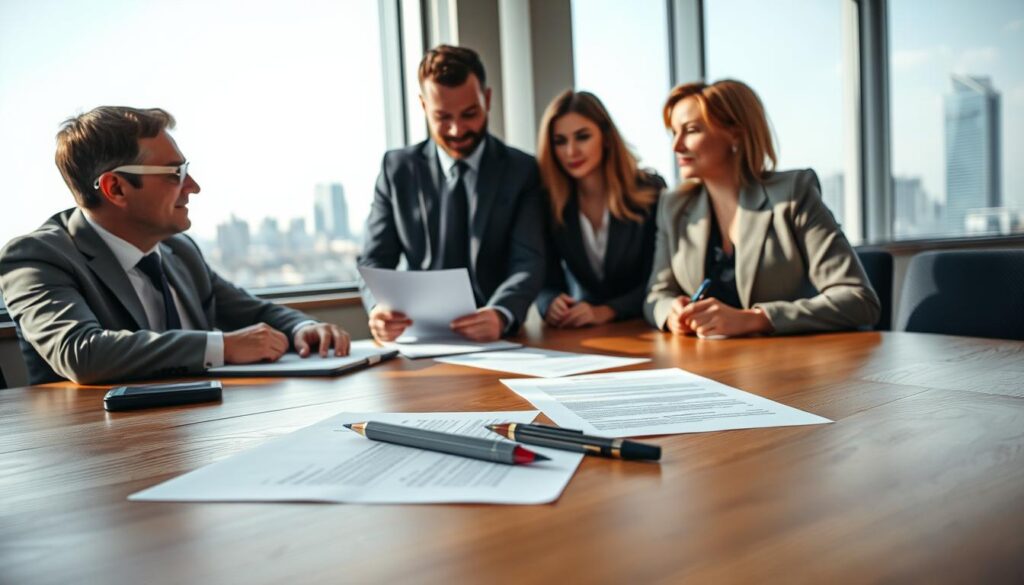 A professional setting for the concept of "vertragliche Gestaltung der stillen Beteiligung." In the foreground, a wooden conference table with legal documents and a pen, illustrating a contractual agreement. In the middle, a diverse group of three individuals, two men and one woman, dressed in formal business attire, engaged in discussion. One person points to a document, while another takes notes. In the background, a large window reveals a city skyline. The lighting is bright and natural, creating an optimistic atmosphere. The image is shot with a Sony A7R IV at 70mm, ensuring clear focus and sharp details, enhanced by a polarized filter to reduce glare. The overall mood conveys professionalism and collaboration, ideal for a business-related theme.