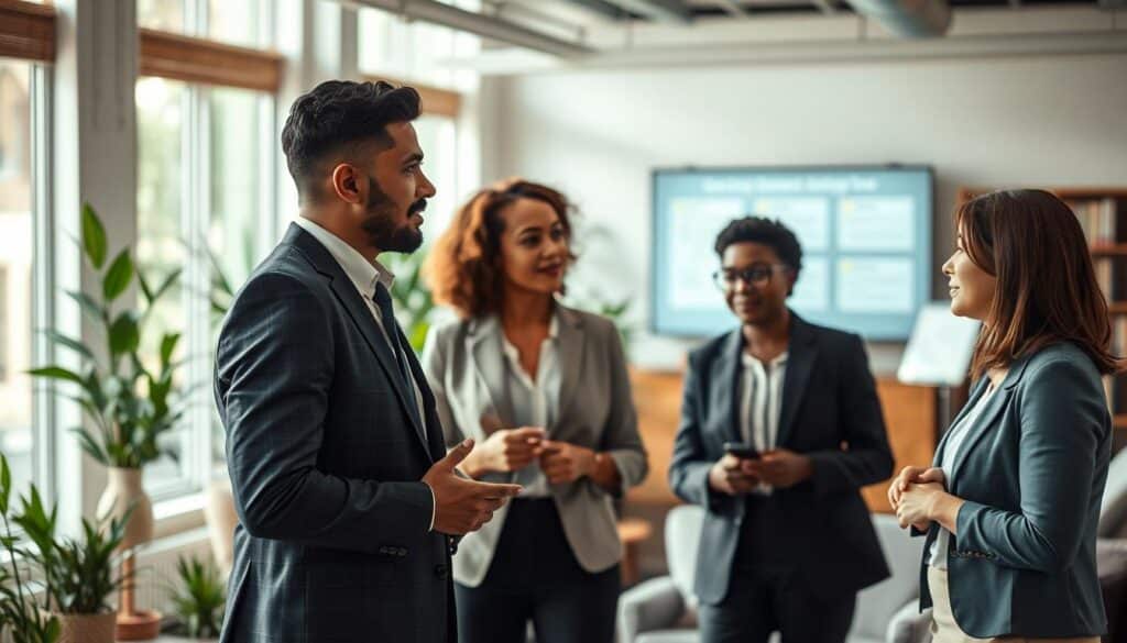 A professional setting illustrating "Active Listening as the Key to Communication." In the foreground, a diverse group of three colleagues engaged in a focused discussion, wearing business attire, showcasing attentive body language—nodding, leaning slightly forward, and making eye contact. The middle ground features a modern office environment with natural light filtering through large windows, creating a warm and inviting atmosphere. Plants and comfortable seating enhance the space. In the background, a blurred view of bookshelves and a digital screen displays key communication strategies visually. The composition utilizes a Sony A7R IV at 70mm, with a focus on the participants, resulting in sharp detail and a softly blurred background for depth, conveying a sense of collaboration and engagement.