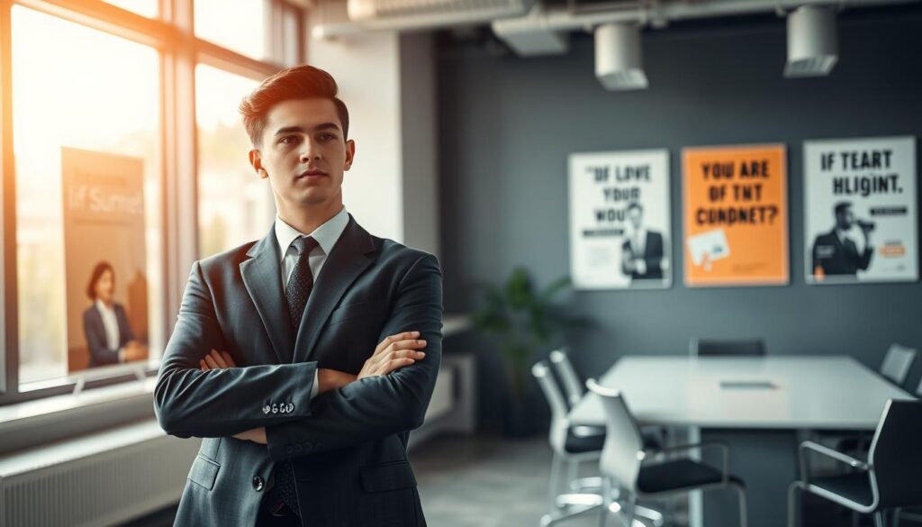 A professional setting showcasing a confident individual demonstrating self-motivation. In the foreground, a young professional in smart business attire is standing, arms crossed, with a focused expression, looking towards an unseen audience. In the middle ground, a modern office environment is visible, with a sleek conference table and motivational posters on the walls, emphasizing personal development themes. The background features large windows with bright natural light flooding the room, creating an inspiring atmosphere. Shot on a Sony A7R IV with a 70mm lens, the image is clearly focused and sharply defined, enhanced by a polarized filter to enrich colors and contrast. The overall mood is uplifting and motivational, reflecting ambition and personal growth.