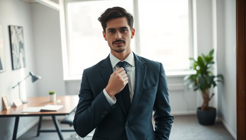 A professional setting showcasing a confident individual preparing for a job interview. In the foreground, a neatly dressed person in business attire stands looking in a mirror, adjusting their tie and exuding self-assurance. The middle ground features a well-lit office environment with a sleek desk, a notepad, and a plant, emphasizing a polished, corporate atmosphere. In the background, a large window allows natural light to filter in, creating an uplifting ambiance. The color palette includes calming blues and neutral tones to represent the influence of color psychology on attire choices. Shot on a Sony A7R IV with a 70mm lens, the image is clearly focused and sharply defined, with a polarized filter enhancing the vibrancy of the scene. A professional setting showcasing a confident individual preparing for a job interview. In the foreground, a neatly dressed person in business attire stands looking in a mirror, adjusting their tie and exuding self-assurance. The middle ground features a well-lit office environment with a sleek desk, a notepad, and a plant, emphasizing a polished, corporate atmosphere. In the background, a large window allows natural light to filter in, creating an uplifting ambiance. The color palette includes calming blues and neutral tones to represent the influence of color psychology on attire choices. Shot on a Sony A7R IV with a 70mm lens, the image is clearly focused and sharply defined, with a polarized filter enhancing the vibrancy of the scene.