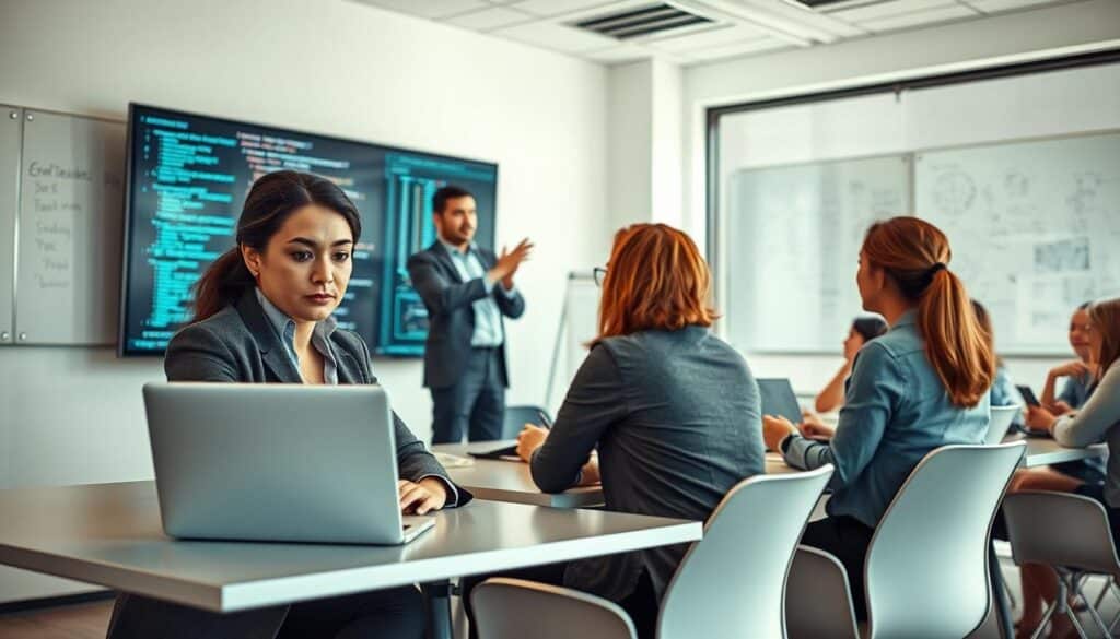 A professional setting showcasing a diverse group of adults engaged in IT training. In the foreground, a focused woman in business attire is sitting at a sleek modern desk, working intently on a laptop, her expression one of concentration. In the middle ground, a male instructor stands beside a large screen displaying code and IT concepts, gesturing as if explaining something important. A diverse audience of learners sits at their desks,taking notes and asking questions, all in a well-lit, airy conference room bathed in natural light. The background features whiteboards filled with diagrams related to IT skills. The image conveys an atmosphere of collaboration and learning, shot with a Sony A7R IV at 70mm, with a polarized filter for enhanced clarity and definition. A professional setting showcasing a diverse group of adults engaged in IT training. In the foreground, a focused woman in business attire is sitting at a sleek modern desk, working intently on a laptop, her expression one of concentration. In the middle ground, a male instructor stands beside a large screen displaying code and IT concepts, gesturing as if explaining something important. A diverse audience of learners sits at their desks,taking notes and asking questions, all in a well-lit, airy conference room bathed in natural light. The background features whiteboards filled with diagrams related to IT skills. The image conveys an atmosphere of collaboration and learning, shot with a Sony A7R IV at 70mm, with a polarized filter for enhanced clarity and definition.