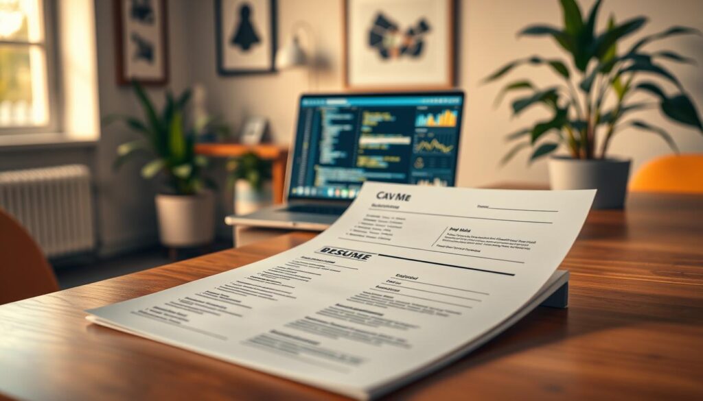 A professional setting showcasing a modern resume on a sleek wooden desk. The foreground features a well-organized, printed CV with clear sections highlighting IT skills such as coding languages, software proficiencies, and certifications, all visually distinguished. In the middle ground, there are subtle hints of digital technology, like a laptop with an open screen displaying code and data charts, indicating the importance of IT knowledge in career advancement. The background is softly blurred, featuring a well-lit office with minimalistic decor and plants, creating a sophisticated atmosphere. The scene is shot with a Sony A7R IV at 70mm, utilizing a polarized filter to enhance clarity and contrast, casting warm, inviting lighting that conveys professionalism and confidence. A professional setting showcasing a modern resume on a sleek wooden desk. The foreground features a well-organized, printed CV with clear sections highlighting IT skills such as coding languages, software proficiencies, and certifications, all visually distinguished. In the middle ground, there are subtle hints of digital technology, like a laptop with an open screen displaying code and data charts, indicating the importance of IT knowledge in career advancement. The background is softly blurred, featuring a well-lit office with minimalistic decor and plants, creating a sophisticated atmosphere. The scene is shot with a Sony A7R IV at 70mm, utilizing a polarized filter to enhance clarity and contrast, casting warm, inviting lighting that conveys professionalism and confidence.