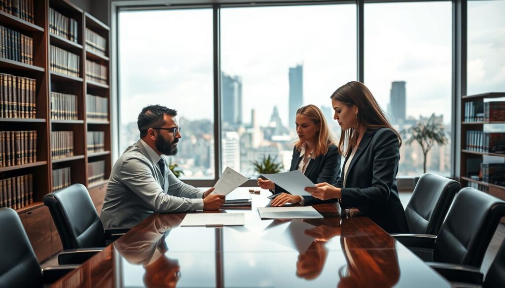 A professional setting showcasing a partnership meeting for an "Offene Handelsgesellschaft". In the foreground, two diverse business professionals, a man and a woman, are discussing documents on a polished conference table, each dressed in elegant business attire. In the middle ground, shelves lined with legal books and business reports create a formal atmosphere. In the background, a large window reveals a city skyline, with soft, natural light streaming in, illuminating the scene. The image should be captured with a Sony A7R IV at 70mm with a sharply defined focus, using a polarized filter to enhance the colors and reduce glare. The overall mood should be serious yet collaborative, reflecting the essence of partnership and responsibility in business.