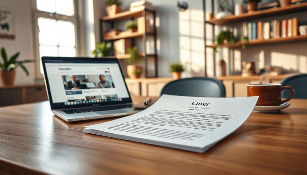 A professional setting showcasing a polished, convincing cover letter spread out on a sleek wooden desk. In the foreground, placed at an angle, a beautifully designed cover letter featuring elegant fonts and a neatly organized layout, spotlighting its key features like a header and signature. In the middle ground, a stylish, modern laptop with an open screen displaying job search websites, surrounded by a tasteful leather notebook, a pen, and a steaming cup of coffee. In the background, soft-focus shelves filled with books and plants create a warm, inviting atmosphere, illuminated by soft, natural light streaming through a nearby window. Captured with a Sony A7R IV at 70mm, emphasizing clarity and detail, with a polarized filter enhancing colors. The mood reflects professionalism, ambition, and effective communication.