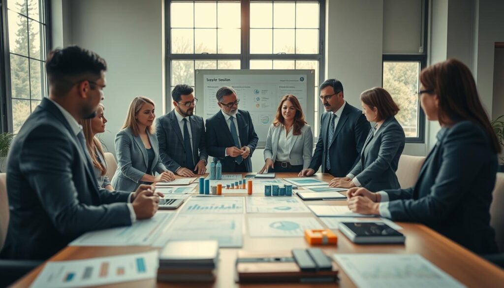 A professional setting showcasing a supplier selection and evaluation process. In the foreground, a diverse group of business professionals, dressed in smart business attire, are engaged in a serious discussion over a large table filled with charts, graphs, and sample products. In the middle ground, a whiteboard displays criteria for supplier assessment, while a digital screen shows key performance indicators. In the background, large windows allow soft natural light to flood the room, enhancing the ambiance of collaboration and strategy. The image should be well-composed, with a wide-angle view to capture the teamwork and focus, shot on a Sony A7R IV at 70mm, with a polarized filter for clarity and depth, creating a mood of professionalism and strategic planning. A professional setting showcasing a supplier selection and evaluation process. In the foreground, a diverse group of business professionals, dressed in smart business attire, are engaged in a serious discussion over a large table filled with charts, graphs, and sample products. In the middle ground, a whiteboard displays criteria for supplier assessment, while a digital screen shows key performance indicators. In the background, large windows allow soft natural light to flood the room, enhancing the ambiance of collaboration and strategy. The image should be well-composed, with a wide-angle view to capture the teamwork and focus, shot on a Sony A7R IV at 70mm, with a polarized filter for clarity and depth, creating a mood of professionalism and strategic planning.