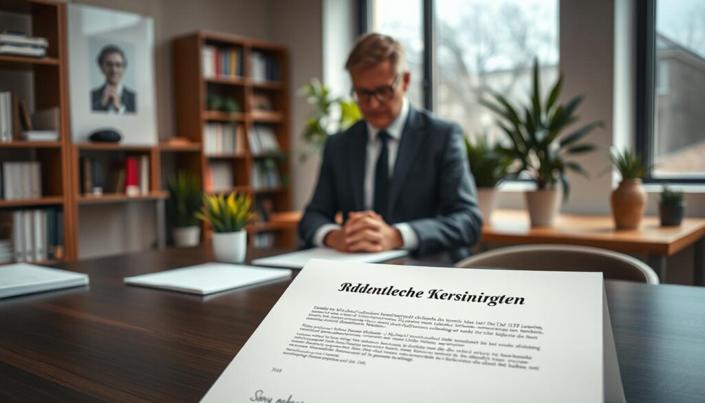 A professional setting showcasing an office desk with a formal resignation letter prominently placed in the foreground. The letter, titled "Ordentliche Kündigung," features a neat, organized layout with an elegant signature at the bottom. In the middle ground, a well-dressed individual, a middle-aged person in smart business attire, is thoughtfully reviewing the letter. The background shows a sleek, modern office with shelves of books, potted plants, and natural light streaming through large windows, creating a warm, inviting atmosphere. The scene is captured with a Sony A7R IV at 70mm, providing clear focus and sharp definition. A polarized filter enhances the light, giving a crisp, professional feel. The overall mood is one of contemplation and resolution.