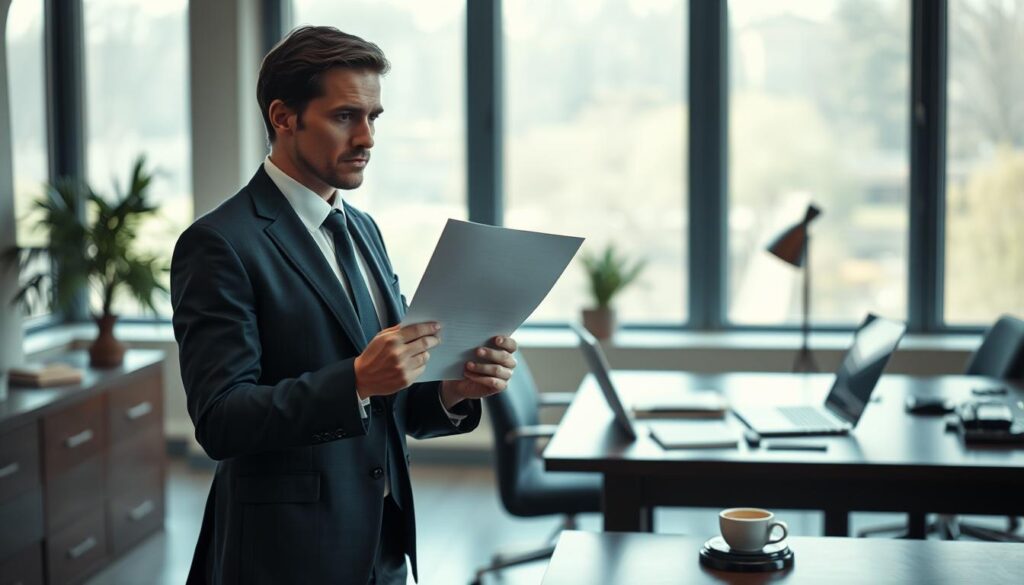 A professional setting showcasing an office environment that illustrates the concept of "termination before employment begins." In the foreground, a well-dressed business professional holding a resignation letter, looking contemplative. The middle ground features a stylish desk with legal documents, a laptop, and a coffee cup, symbolizing the complexities of employment law. In the background, large windows let in natural light, illuminating the scene and creating a calm yet serious atmosphere. The image is captured with a Sony A7R IV at 70mm, ensuring clear focus and sharp definition, enhanced by a polarized filter to enrich the colors and contrasts. The mood is serious and thoughtful, perfectly reflecting the legal implications of early termination.