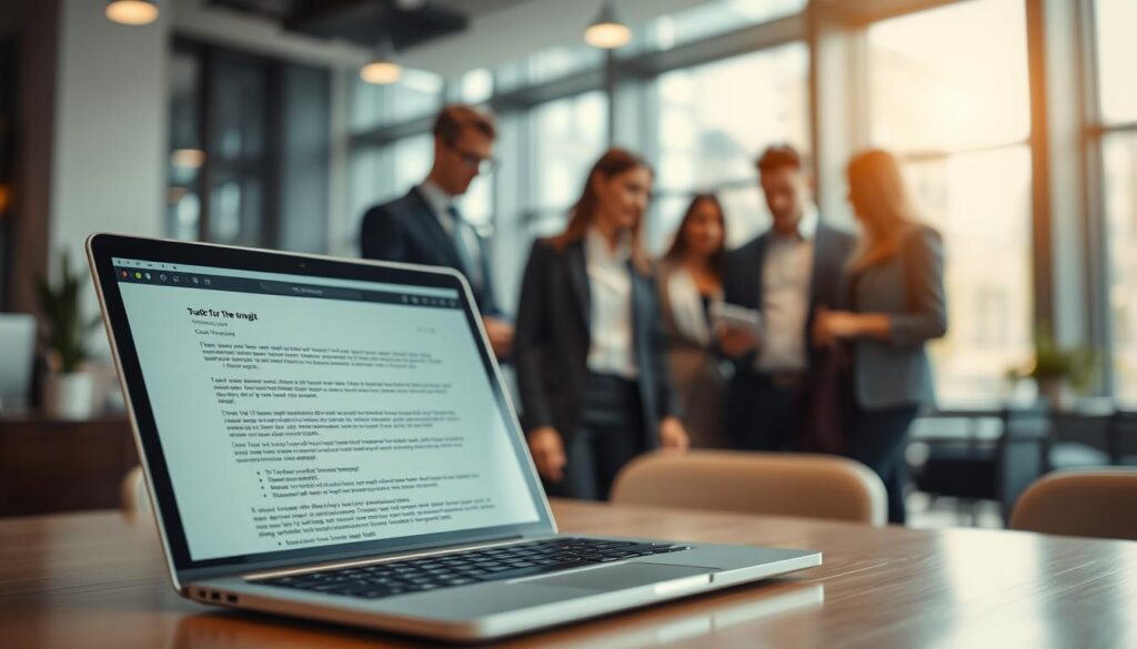 A professional setting showcasing communication in business emails. In the foreground, a sleek laptop screen displays an open email draft with well-structured content, emphasizing professionalism. The middle ground features a diverse group of businesspeople in professional attire, analyzing the email collaboratively, reflecting thoughtful engagement. In the background, a blurred modern office space with large windows allows natural light to illuminate the scene, creating a warm and inviting atmosphere. Soft bokeh enhances the focus on the subjects and the laptop, shot on a Sony A7R IV at 70mm, sharply defined with a polarized filter for clarity. The mood is one of productivity and professionalism, emphasizing the importance of tone in written communication.