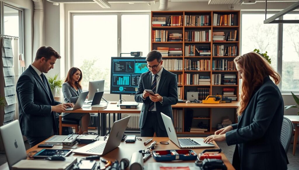 A professional setting showcasing hard skills in action. In the foreground, a diverse group of individuals in business attire are engaged in various tasks: one is coding on a laptop, another is analyzing data on a large screen, while a third is using tools for hands-on technical work. In the middle ground, a well-organized office space with bookshelves filled with technology and management books, along with tools and equipment that symbolize various hard skills. In the background, large windows allow natural light to flood the room, creating a bright, inspiring atmosphere. The composition is shot with a Sony A7R IV at 70mm, with a sharply defined focus using a polarized filter to enhance clarity and vibrancy. The overall mood is dynamic and motivating, emphasizing the importance and professionalism of hard skills. A professional setting showcasing hard skills in action. In the foreground, a diverse group of individuals in business attire are engaged in various tasks: one is coding on a laptop, another is analyzing data on a large screen, while a third is using tools for hands-on technical work. In the middle ground, a well-organized office space with bookshelves filled with technology and management books, along with tools and equipment that symbolize various hard skills. In the background, large windows allow natural light to flood the room, creating a bright, inspiring atmosphere. The composition is shot with a Sony A7R IV at 70mm, with a sharply defined focus using a polarized filter to enhance clarity and vibrancy. The overall mood is dynamic and motivating, emphasizing the importance and professionalism of hard skills.