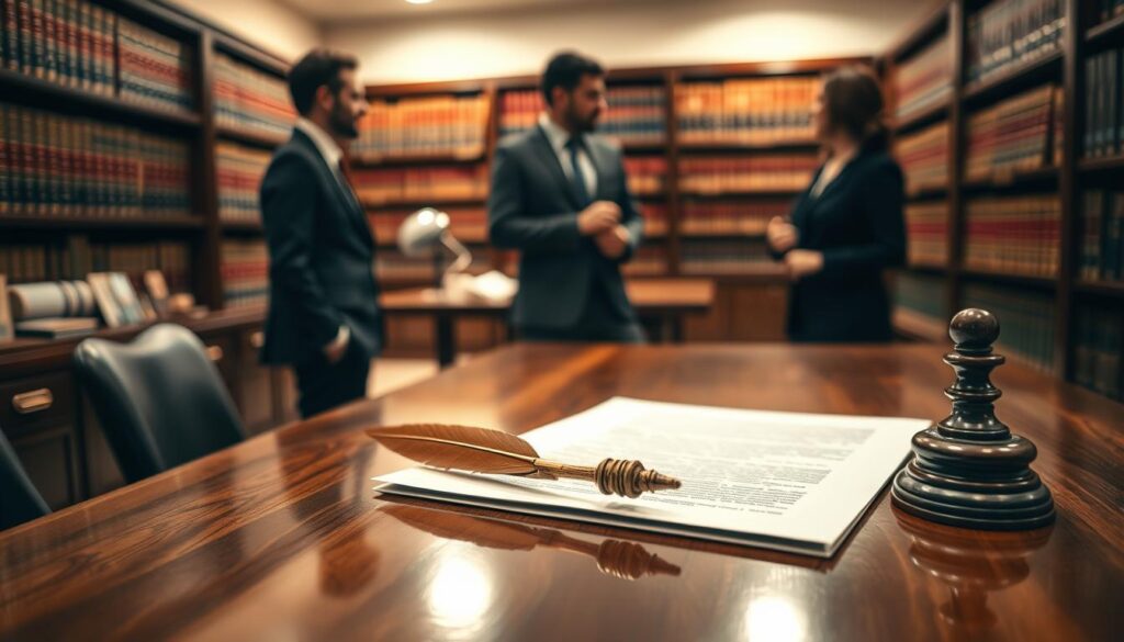 A professional setting showcasing the concept of "Existence of a Legal Person". In the foreground, a polished wooden desk sits with a legal document, a quill, and a vintage inkwell, symbolizing the formal nature of legal entities. In the middle ground, a diverse group of three business professionals in formal attire engage in discussion, representing collaboration among legal entities. The background features a blurred law library with shelves of law books, emphasizing knowledge and authority. The lighting is warm and inviting, casting soft shadows, creating a serious yet approachable atmosphere. Captured with a Sony A7R IV at 70mm, the focus is sharp on the desk elements, providing clear definition, while the background gently diffuses. This image serves to illustrate the enduring existence of legal persons in a cohesive visual narrative.