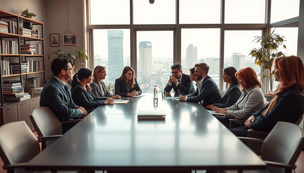 A professional setting showcasing the theme "Arbeit und Identität." In the foreground, a diverse group of individuals in professional business attire are engaged in a collaborative discussion around a sleek conference table, reflecting teamwork and identity tied to their work. In the middle ground, shelves stacked with books and plants add warmth and a sense of knowledge. The background features large windows allowing natural light to flood the room, with a cityscape visible outside, symbolizing economic foundations. The atmosphere is one of focus and ambition, evoking a sense of purpose. Shot with a Sony A7R IV at 70mm, the image is sharply defined with a polarized filter for clarity and vibrant colors, capturing a moment that embodies the relationship between work and personal identity. A professional setting showcasing the theme "Arbeit und Identität." In the foreground, a diverse group of individuals in professional business attire are engaged in a collaborative discussion around a sleek conference table, reflecting teamwork and identity tied to their work. In the middle ground, shelves stacked with books and plants add warmth and a sense of knowledge. The background features large windows allowing natural light to flood the room, with a cityscape visible outside, symbolizing economic foundations. The atmosphere is one of focus and ambition, evoking a sense of purpose. Shot with a Sony A7R IV at 70mm, the image is sharply defined with a polarized filter for clarity and vibrant colors, capturing a moment that embodies the relationship between work and personal identity.
