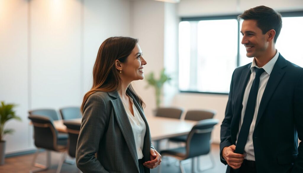 A professional setting where two individuals are engaged in a conversation, showcasing emotional intelligence through subtle body language. In the foreground, a man and a woman, both dressed in smart business attire, are positioned slightly towards each other, with warm expressions and open postures, conveying active listening and understanding. The middle ground features a softly blurred conference room with minimalist decor, enhancing the focus on the subjects. In the background, a window with diffused sunlight creates a warm and inviting atmosphere. Shot with a Sony A7R IV at 70mm, the image is sharply defined, with a subtle polarized filter that enriches the colors and details, evoking a professional yet intimate mood that emphasizes communication and connection.