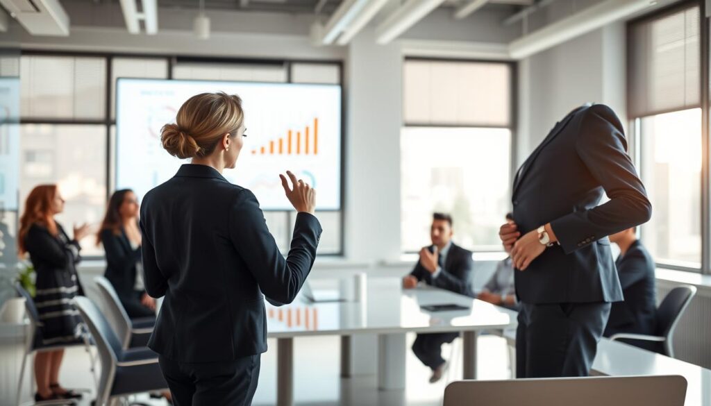 A professional team meeting in a bright, modern office environment. In the foreground, a confident, female leader in a tailored navy suit stands with an engaging posture, her hand gesturing towards a digital presentation screen showing graphs and positive growth indicators. In the middle ground, attentive employees in business attire are seated around a sleek conference table, nodding in agreement, conveying a sense of collaboration and respect. The background features large windows with natural light streaming in, creating an uplifting atmosphere. The mood is one of inspiration and effective leadership, showcasing the positive influence of exemplary leadership on motivation and teamwork. Shot on Sony A7R IV at 70mm, with clear focus and sharp definition, using a polarized filter to enhance lighting and contrast.