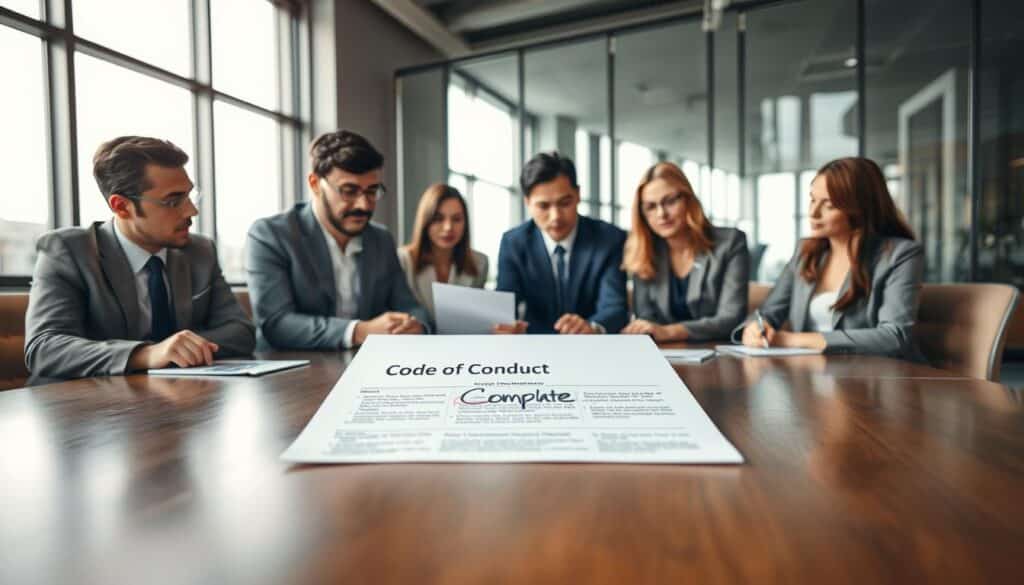 A professional team of diverse business individuals, two men and two women, engaged in a serious discussion around a large conference table, reviewing a document labeled "Code of Conduct." The foreground focuses on the document with annotations and notes in vivid detail. In the middle, the team is depicted deeply analyzing the content, dressed in smart business attire, exuding a sense of collaboration and professionalism. The background features a modern office space with large windows letting in natural light, enhancing the atmosphere of productivity and focus. Shot on a Sony A7R IV at 70mm, the image is clearly focused and sharply defined, with a polarized filter providing a crisp, clean look, reflecting the importance of ethical standards in corporate governance.