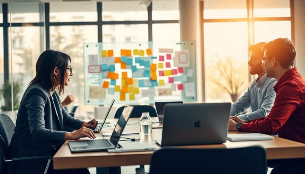 A professional training session in a modern office environment, vividly illustrating "Learning by doing." In the foreground, a diverse group of five employees, including a woman in a smart blazer and a man in a collared shirt, collaboratively working around a conference table covered with laptops and notebooks. In the middle ground, a transparent whiteboard filled with colorful diagrams and post-it notes, capturing the active brainstorming process. The background features large windows allowing warm, natural sunlight to flood the room, creating a welcoming atmosphere. Shot with a Sony A7R IV at 70mm, ensuring a clear focus on the subjects and sharply defined details. The image conveys an inspiring, motivating mood, highlighting the importance of experiential learning in a familiar workplace setting.