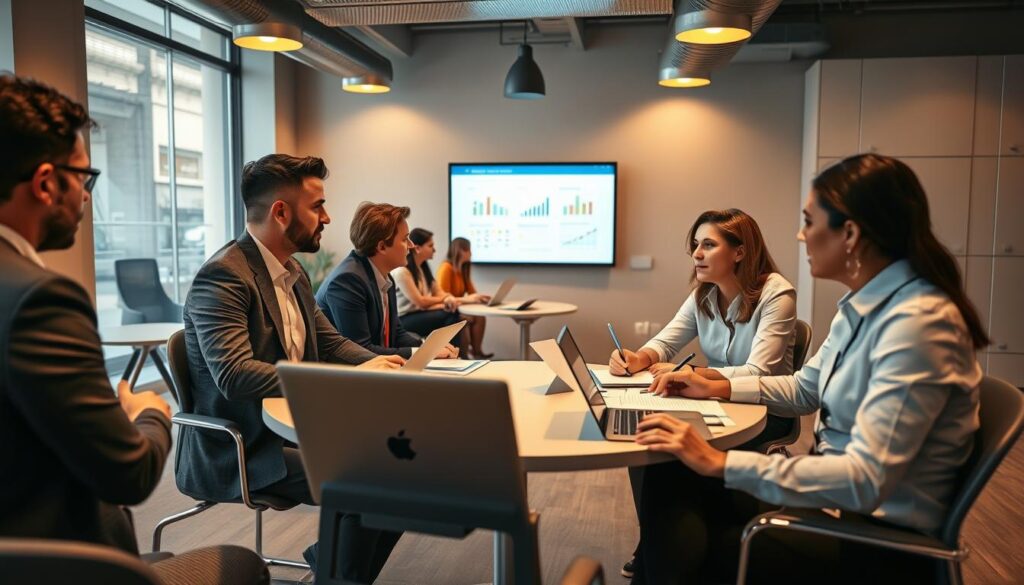 A professional training session taking place in a modern office environment, featuring a diverse group of adults engaged in collaboration. In the foreground, two individuals are discussing ideas at a round table, surrounded by laptops and training materials, all dressed in smart business attire. In the middle background, a small group is attentively watching a presentation on a wall-mounted screen, showcasing charts and graphs related to job training. The atmosphere is focused and dynamic, with warm ambient lighting creating an inviting mood. The scene conveys the concept of "Training near the job" as participants actively engage in learning while remaining in their work setting. The image is shot on a Sony A7R IV at 70mm, clearly focused, sharply defined, and enhanced with a polarized filter for clarity and depth.