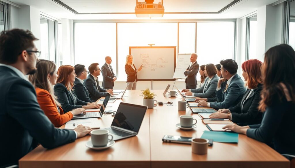 A professional training workshop setup in a bright, modern conference room. In the foreground, a diverse group of business professionals, dressed in professional business attire, are engaged in a lively discussion around a large table strewn with laptops, notebooks, and coffee cups. In the middle ground, a facilitator stands near a whiteboard, highlighting key training points, while a projector displays relevant content on the wall behind. The background features large windows with natural light pouring in, creating a productive and inviting atmosphere. Captured with a Sony A7R IV at 70mm, the image is sharply defined and clearly focused, with a polarized filter enhancing the brightness and clarity, reflecting a mood of collaboration and active learning.
