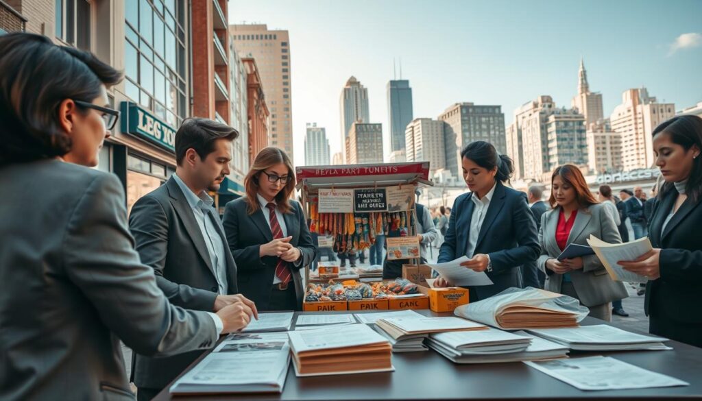 A professional urban scene showcasing the legal aspect and permits involved in street trading. In the foreground, a diverse group of people, dressed in professional business attire, are engaged in a discussion over legal documents and permits spread out on a table. In the middle, a market stall displays various products, illustrating the vibrancy of street commerce, with clear signage indicating adherence to regulations. In the background, a city skyline under a bright blue sky, with buildings showcasing commercial businesses. The image should convey a sense of professionalism and organization, with soft natural lighting creating an inviting atmosphere. Shot on a Sony A7R IV with a 70mm lens, clearly focused and sharply defined, utilizing a polarized filter for enhanced clarity.