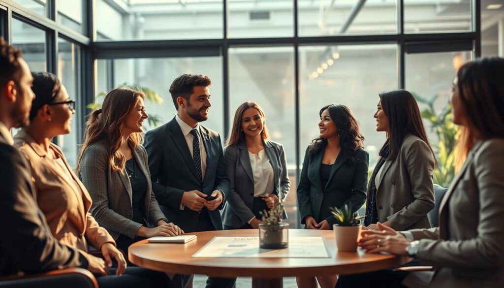 A professional, warm, and inviting scene depicting a corporate interview setting, emphasizing the importance of company culture. In the foreground, a diverse group of candidates in smart business attire engage in friendly conversation, showcasing body language that reflects openness and confidence. In the middle, a round table with company branding elements, such as subtle logos and plants, enhances the atmosphere of inclusivity. In the background, large windows allow soft, natural light to flood the room, highlighting contemporary office decor and promoting a sense of transparency. The scene is shot on a Sony A7R IV 70mm lens, with a clearly focused and sharply defined composition, enhanced by a polarized filter to create vibrant colors and a professional feel. The mood is collaborative, encouraging, and reflective of a positive company culture. A professional, warm, and inviting scene depicting a corporate interview setting, emphasizing the importance of company culture. In the foreground, a diverse group of candidates in smart business attire engage in friendly conversation, showcasing body language that reflects openness and confidence. In the middle, a round table with company branding elements, such as subtle logos and plants, enhances the atmosphere of inclusivity. In the background, large windows allow soft, natural light to flood the room, highlighting contemporary office decor and promoting a sense of transparency. The scene is shot on a Sony A7R IV 70mm lens, with a clearly focused and sharply defined composition, enhanced by a polarized filter to create vibrant colors and a professional feel. The mood is collaborative, encouraging, and reflective of a positive company culture.
