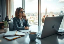 A professional woman in a modern office setting, sitting at a sleek desk with a laptop open, deep in thought about her career options after maternity leave. In the foreground, a thoughtfully arranged workspace featuring a notepad and a coffee mug symbolizes productivity and new beginnings. In the middle ground, images of diverse colleagues engaged in a brainstorming session can be seen, representing collaboration and networking opportunities. The background shows a panoramic view of a bustling cityscape through large windows, symbolizing the possibilities of a new job. Soft, natural lighting cascades through the windows, creating a warm and inviting atmosphere. The image is shot on a Sony A7R IV at 70mm, clearly focused, with a sharp definition and a polarized filter to enhance colors.
