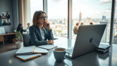 A professional woman in a modern office setting, sitting at a sleek desk with a laptop open, deep in thought about her career options after maternity leave. In the foreground, a thoughtfully arranged workspace featuring a notepad and a coffee mug symbolizes productivity and new beginnings. In the middle ground, images of diverse colleagues engaged in a brainstorming session can be seen, representing collaboration and networking opportunities. The background shows a panoramic view of a bustling cityscape through large windows, symbolizing the possibilities of a new job. Soft, natural lighting cascades through the windows, creating a warm and inviting atmosphere. The image is shot on a Sony A7R IV at 70mm, clearly focused, with a sharp definition and a polarized filter to enhance colors.