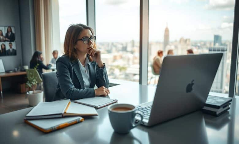 A professional woman in a modern office setting, sitting at a sleek desk with a laptop open, deep in thought about her career options after maternity leave. In the foreground, a thoughtfully arranged workspace featuring a notepad and a coffee mug symbolizes productivity and new beginnings. In the middle ground, images of diverse colleagues engaged in a brainstorming session can be seen, representing collaboration and networking opportunities. The background shows a panoramic view of a bustling cityscape through large windows, symbolizing the possibilities of a new job. Soft, natural lighting cascades through the windows, creating a warm and inviting atmosphere. The image is shot on a Sony A7R IV at 70mm, clearly focused, with a sharp definition and a polarized filter to enhance colors.