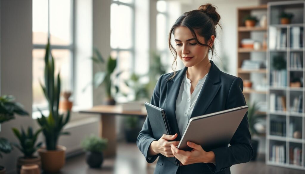 A professional woman in her early 30s, dressed in a smart business suit, stands confidently in an office environment, ready to re-enter the workforce after a career break. In the foreground, she is holding a portfolio and looking at a laptop displaying a job search website. The middle ground shows a sleek modern office with potted plants and shelves filled with books, reflecting a warm and inviting atmosphere. The background features large windows with natural light streaming in, creating a bright and motivating setting. The composition is shot with a Sony A7R IV at 70mm, ensuring a clearly focused and sharply defined image, enhanced by a polarized filter to enrich colors and contrast, evoking a mood of optimism and determination. A professional woman in her early 30s, dressed in a smart business suit, stands confidently in an office environment, ready to re-enter the workforce after a career break. In the foreground, she is holding a portfolio and looking at a laptop displaying a job search website. The middle ground shows a sleek modern office with potted plants and shelves filled with books, reflecting a warm and inviting atmosphere. The background features large windows with natural light streaming in, creating a bright and motivating setting. The composition is shot with a Sony A7R IV at 70mm, ensuring a clearly focused and sharply defined image, enhanced by a polarized filter to enrich colors and contrast, evoking a mood of optimism and determination.