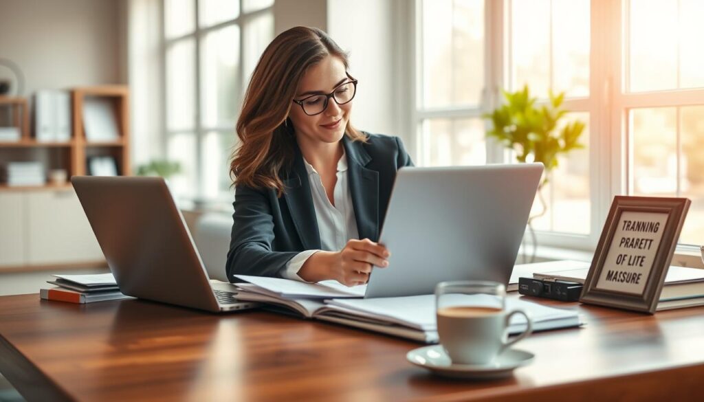 A professional woman sitting at a stylish wooden desk, surrounded by neatly organized documents and a laptop, preparing for her job transition after parental leave. In the foreground, she is reviewing her resume, dressed in smart casual business attire, radiating confidence and determination. The middle ground includes a soft focus on a cup of coffee and a motivational quote framed on the desk, enhancing the atmosphere of preparation. The background shows a bright, airy office space with large windows allowing natural light to illuminate the scene, creating a warm, optimistic mood. Shot on a Sony A7R IV at 70mm, ensuring sharp detail and clarity, with a polarized filter to enrich colors and contrasts.