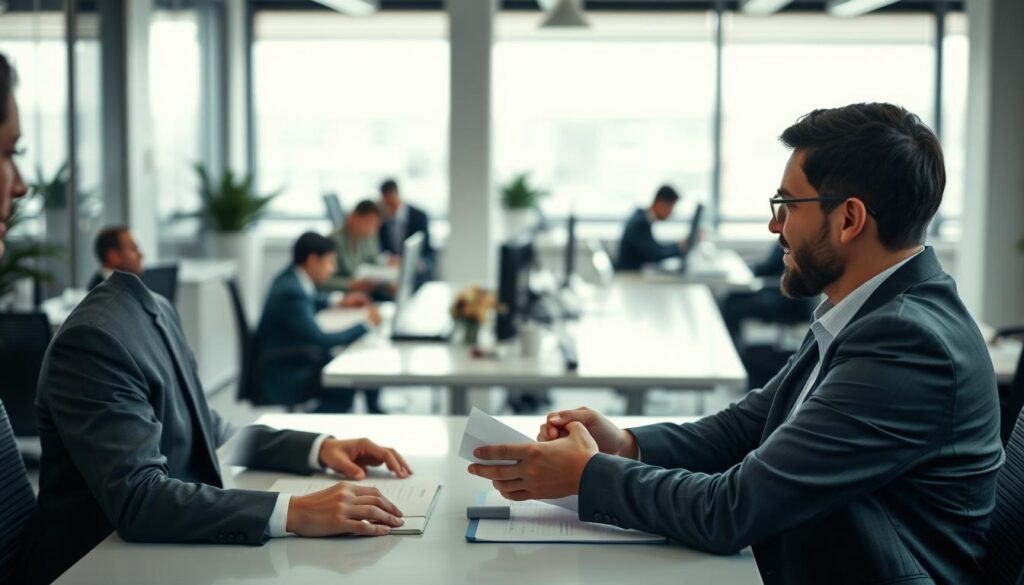 A professional workplace scene depicting employees engaged in respectful conversations and collaboration. In the foreground, two workers in business attire, a man in a dark suit and a woman in a smart blazer, are discussing a project at a conference table, displaying mutual respect and focus. In the middle, other colleagues are seen in the background, working diligently at their desks, creating an atmosphere of teamwork and professionalism. The office environment is bright and modern, with large windows letting in natural light, highlighting a clean and organized space. The mood is positive and collaborative, emphasizing the importance of employee responsibilities in workplace relationships. Shot with a Sony A7R IV at 70mm, with a polarized filter for enhanced clarity and vibrancy.