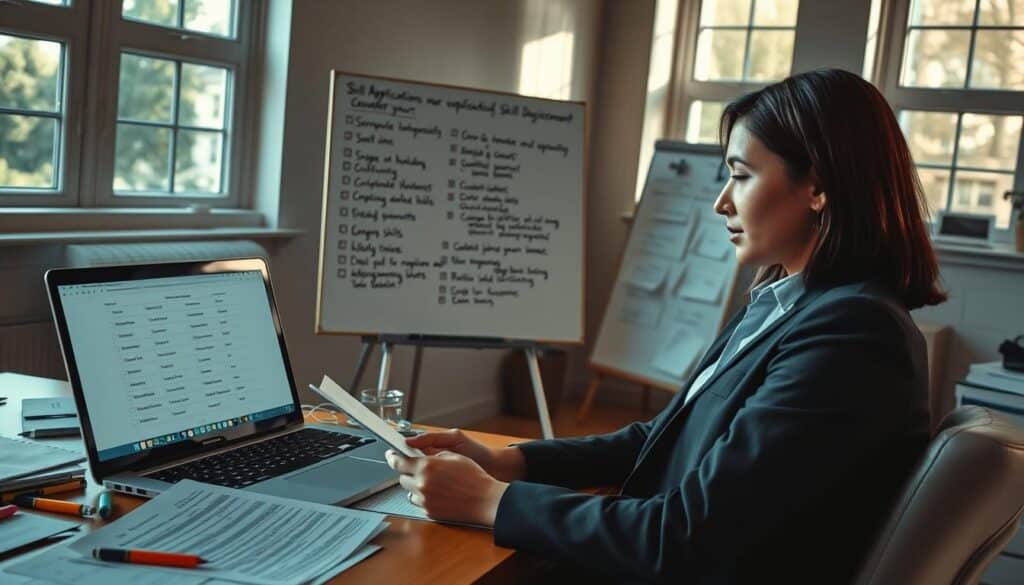 A professional workspace featuring a desk cluttered with job applications and an open laptop displaying a skill assessment tool. In the foreground, a person in business attire, a thoughtful expression on their face, is reviewing their qualifications against a checklist. The middle ground shows a whiteboard filled with notes about skills and areas for improvement, colored markers scattered about. In the background, bright windows let in natural light, casting soft shadows and creating an optimistic atmosphere. The image is shot on a Sony A7R IV at 70mm, clearly focused with sharply defined edges, using a polarized filter to enhance clarity and vibrancy. The mood conveys determination and introspection, illustrating the journey of identifying and addressing gaps in qualifications.