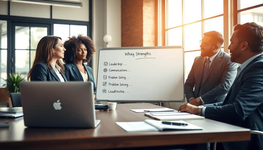 A professional workspace featuring a neatly organized desk with a laptop, a notepad, and a pen. In the foreground, a diverse group of three professionals—one woman and two men—are engaged in a discussion about strengths in a job application. They are dressed in smart business attire, conveying confidence and collaboration. The middle ground showcases a whiteboard filled with bullet points outlining various strengths like "Leadership," "Communication Skills," and "Problem Solving," depicted as simple icons next to each word. In the background, large windows let in soft natural light, casting a warm glow over the scene. Shot with a Sony A7R IV at 70mm, with clear focus and sharp details, using a polarized filter to enhance colors. The atmosphere is professional, encouraging, and motivating.