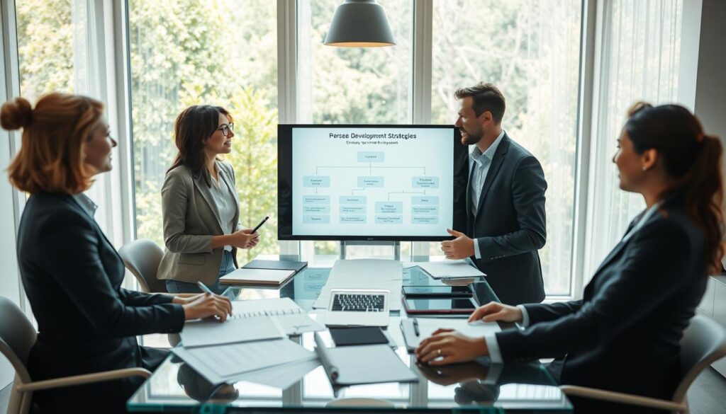 A professional workspace featuring a strategic development process for employee growth. In the foreground, a diverse group of three individuals in business attire engage in a brainstorming session, with charts and diagrams on a glass table. In the middle, a digital screen displays a flowchart illustrating the stages of personal development strategies, surrounded by notepads and tablets. In the background, bright windows allow natural light to flood the room, creating an inviting atmosphere. The setting conveys collaboration and innovation, with greenery visible outside reflecting growth. The image captures clarity and focus, shot with a Sony A7R IV at 70mm, ensuring sharp definition and vibrant colors enhanced by a polarized filter. A professional workspace featuring a strategic development process for employee growth. In the foreground, a diverse group of three individuals in business attire engage in a brainstorming session, with charts and diagrams on a glass table. In the middle, a digital screen displays a flowchart illustrating the stages of personal development strategies, surrounded by notepads and tablets. In the background, bright windows allow natural light to flood the room, creating an inviting atmosphere. The setting conveys collaboration and innovation, with greenery visible outside reflecting growth. The image captures clarity and focus, shot with a Sony A7R IV at 70mm, ensuring sharp definition and vibrant colors enhanced by a polarized filter.
