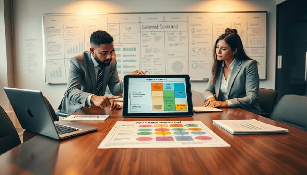 A professional workspace featuring a well-lit meeting table with documents, charts, and a digital tablet displaying a Balanced Scorecard framework. In the foreground, a diverse group of three professionals—two men and one woman—dressed in business attire, collaborate intently, pointing at the tablet. In the middle, vibrant, colorful diagrams illustrating the steps to create a Balanced Scorecard are spread across the table, accompanied by a notepad and a laptop. In the background, a large whiteboard filled with strategic goals and metrics enhances the business atmosphere. The image is shot with a Sony A7R IV at 70mm, using a polarized filter for clarity, showcasing warm, inviting lighting to inspire teamwork and innovation.