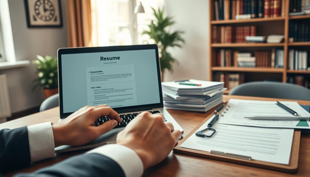 A professional workspace featuring a well-organized desk adorned with a polished laptop displaying a digital résumé. In the foreground, a pair of hands typing, dressed in business attire, indicates focused effort. The middle layer includes a strategically placed stack of personalized cover letters and a clipboard with notes, hinting at meticulous planning. The background shows a softly blurred bookshelf filled with career development books, creating a scholarly atmosphere. Warm, natural light filters through a nearby window, casting inviting shadows. This scene captures the essence of "Lebenslauf optimieren" while maintaining a sense of determination and professionalism. Shot on Sony A7R IV 70mm, this image is clearly focused and sharply defined, enhanced by a polarized filter for depth.