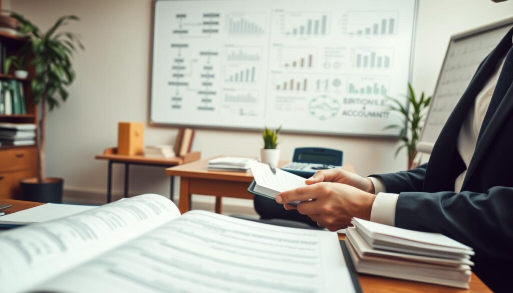 A professional workspace featuring essential elements of basic accounting, including an open ledger with neatly organized entries, a calculator, and a stack of invoices. In the foreground, depict a person in formal business attire, intently reviewing financial documents. In the middle ground, place a wooden desk adorned with stationery and a small potted plant for a touch of warmth. The background should display a large window allowing natural light to flood the room, illuminating a whiteboard filled with flowcharts and graphs illustrating accounting methods. Shoot with a Sony A7R IV at 70mm, ensuring a clear focus with sharply defined details and using a polarized filter for enhanced contrast. Aim for a professional, serene atmosphere that conveys the importance of accounting methods in business practice.