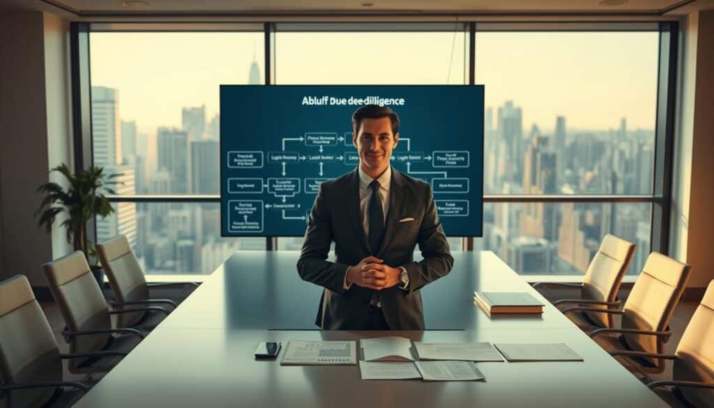 A professional workspace illustrating the "Ablauf Due Diligence" process. In the foreground, a confident business analyst in a tailored suit is reviewing documents on a sleek conference table. In the middle, a large screen displays flowcharts and key steps of the due diligence process, showcasing elements like financial analysis, legal review, and risk assessment. The background features a panoramic view of a modern city skyline through floor-to-ceiling windows. Soft, natural lighting enters the room, creating an inviting atmosphere. The image is shot on a Sony A7R IV at 70mm, clearly focused with sharp details, using a polarized filter to enhance colors and contrast.