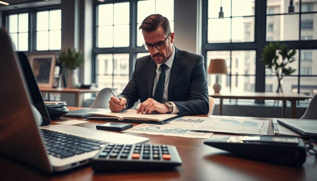 A professional workspace illustrating the calculation of the operating result with a focus on financial analysis. In the foreground, a well-organized desk features a sleek laptop, detailed financial reports, and a calculator. In the middle, a business professional in smart attire, deeply engaged in examining charts and metrics, with a thoughtful expression. In the background, a modern office setting with large windows allowing natural light to illuminate the space, creating a bright and focused atmosphere. The scene uses a Sony A7R IV at 70mm, with sharp focus and a polarized filter enhancing the clarity. The mood is serious and contemplative, emphasizing the importance of financial understanding in business decision-making. A professional workspace illustrating the calculation of the operating result with a focus on financial analysis. In the foreground, a well-organized desk features a sleek laptop, detailed financial reports, and a calculator. In the middle, a business professional in smart attire, deeply engaged in examining charts and metrics, with a thoughtful expression. In the background, a modern office setting with large windows allowing natural light to illuminate the space, creating a bright and focused atmosphere. The scene uses a Sony A7R IV at 70mm, with sharp focus and a polarized filter enhancing the clarity. The mood is serious and contemplative, emphasizing the importance of financial understanding in business decision-making.