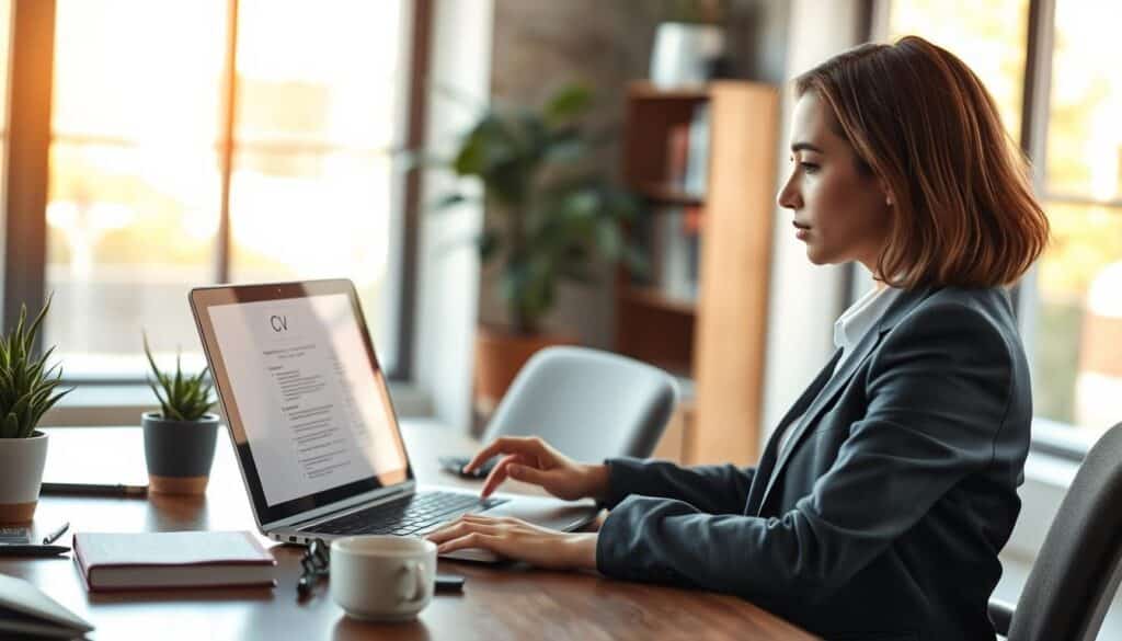 A professional workspace setting depicting a businesswoman in a suit, seated at a desk with a laptop open, reviewing job applications. In the foreground, her focused expression highlights determination as she makes adjustments to a CV displayed on the screen. The middle ground features office elements like a plant, a notepad with notes, and a coffee cup to enhance a productive atmosphere. The background reveals a modern office with large windows allowing natural light to flood in, creating a warm, inviting ambiance. Shot on a Sony A7R IV with a 70mm lens, the image is clearly focused and sharply defined, embodying a mood of professionalism and motivation. Use a polarized filter for bright, vibrant colors. A professional workspace setting depicting a businesswoman in a suit, seated at a desk with a laptop open, reviewing job applications. In the foreground, her focused expression highlights determination as she makes adjustments to a CV displayed on the screen. The middle ground features office elements like a plant, a notepad with notes, and a coffee cup to enhance a productive atmosphere. The background reveals a modern office with large windows allowing natural light to flood in, creating a warm, inviting ambiance. Shot on a Sony A7R IV with a 70mm lens, the image is clearly focused and sharply defined, embodying a mood of professionalism and motivation. Use a polarized filter for bright, vibrant colors.