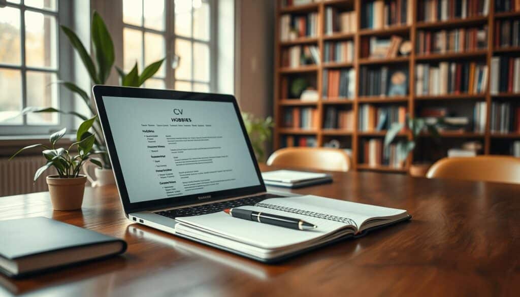 A professional workspace setting with a polished desk, featuring an open laptop displaying a CV with highlighted sections for hobbies. Surrounding the laptop is a neatly arranged notebook and a pen, emphasizing organization. In the background, a bookshelf filled with books signifies knowledge and personal development. Soft, natural lighting coming from a large window creates a warm and inviting atmosphere, while a few green plants add a touch of life. The scene is shot at 70mm with a Sony A7R IV, ensuring sharp details and rich colors. The mood is one of professionalism and motivation, ideal for illustrating key hobby keywords in a resume context. A professional workspace setting with a polished desk, featuring an open laptop displaying a CV with highlighted sections for hobbies. Surrounding the laptop is a neatly arranged notebook and a pen, emphasizing organization. In the background, a bookshelf filled with books signifies knowledge and personal development. Soft, natural lighting coming from a large window creates a warm and inviting atmosphere, while a few green plants add a touch of life. The scene is shot at 70mm with a Sony A7R IV, ensuring sharp details and rich colors. The mood is one of professionalism and motivation, ideal for illustrating key hobby keywords in a resume context.
