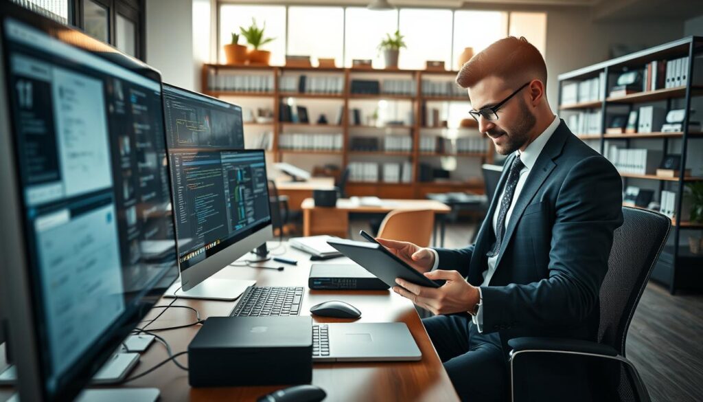 A professional workspace showcasing diverse software applications on multiple screens. In the foreground, a well-dressed individual is engaged with a laptop and a tablet, demonstrating proficiency in using various software tools. The middle ground features an elegant desk with neatly organized technology accessories, including a desktop computer, external hard drives, and tech gadgets. The background includes a modern office environment with shelves filled with books on programming and software development. Natural light streams through large windows, creating a bright and inviting atmosphere. The image is taken with a Sony A7R IV at 70mm, sharply focused, with a polarized filter that enhances the colors and details, evoking a sense of professionalism and tech-savvy expertise. A professional workspace showcasing diverse software applications on multiple screens. In the foreground, a well-dressed individual is engaged with a laptop and a tablet, demonstrating proficiency in using various software tools. The middle ground features an elegant desk with neatly organized technology accessories, including a desktop computer, external hard drives, and tech gadgets. The background includes a modern office environment with shelves filled with books on programming and software development. Natural light streams through large windows, creating a bright and inviting atmosphere. The image is taken with a Sony A7R IV at 70mm, sharply focused, with a polarized filter that enhances the colors and details, evoking a sense of professionalism and tech-savvy expertise.