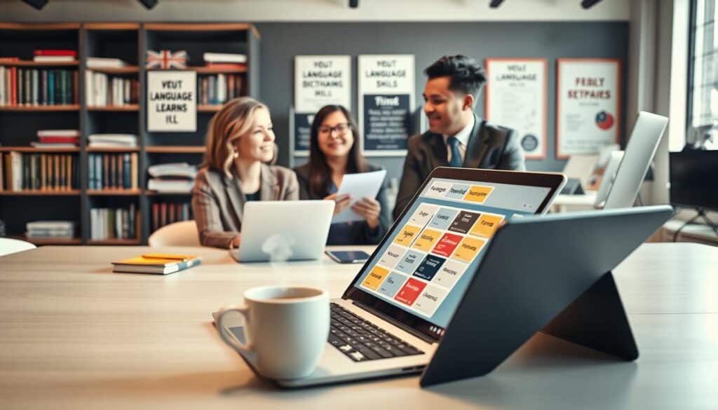 A professional workspace showcasing language skills. In the foreground, a neatly organized desk with an open laptop displaying a language learning platform and various colorful flashcards featuring different languages. A steaming cup of coffee sits beside the laptop. In the middle, a diverse group of two professionals—a Caucasian woman and an Asian man—are engaged in a focused discussion, both dressed in smart business attire. The background features a modern office environment, with bookshelves filled with language dictionaries and motivational posters about multilingualism. The lighting is bright and natural, enhancing the atmosphere of productivity and collaboration. Shot on a Sony A7R IV, 70mm, with a polarized filter for clear focus and sharp definition. A professional workspace showcasing language skills. In the foreground, a neatly organized desk with an open laptop displaying a language learning platform and various colorful flashcards featuring different languages. A steaming cup of coffee sits beside the laptop. In the middle, a diverse group of two professionals—a Caucasian woman and an Asian man—are engaged in a focused discussion, both dressed in smart business attire. The background features a modern office environment, with bookshelves filled with language dictionaries and motivational posters about multilingualism. The lighting is bright and natural, enhancing the atmosphere of productivity and collaboration. Shot on a Sony A7R IV, 70mm, with a polarized filter for clear focus and sharp definition.