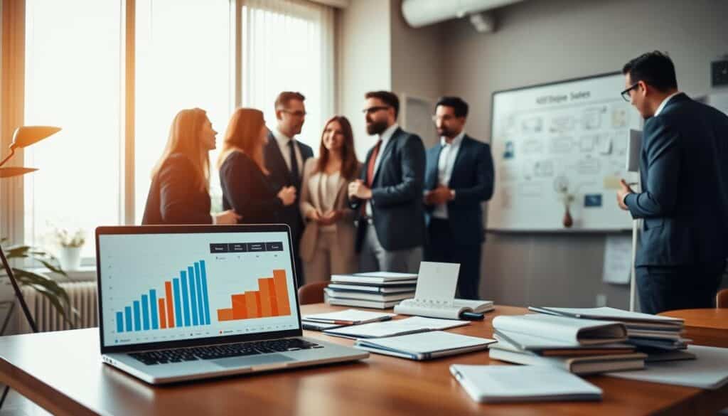 A professional workspace showcasing the concept of affiliate marketing, featuring a diverse group of individuals in business attire discussing strategies. In the foreground, a laptop displays graphs and statistics related to affiliate sales. The middle ground highlights a whiteboard filled with flowcharts detailing the affiliate marketing process, while a well-organized desk cluttered with marketing materials and notebooks sits to the side. In the background, a large window allows natural light to flood in, creating a bright and inviting atmosphere. The setting conveys a sense of collaboration and innovation, with sharp focus on all elements, captured on a Sony A7R IV 70mm lens using a polarized filter that enhances colors and details, emphasizing a professional and dynamic energy.