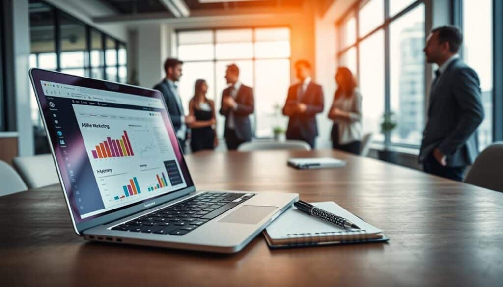 A professional workspace showcasing the essentials of affiliate marketing. In the foreground, a laptop with an open affiliate marketing website, surrounded by colorful charts and graphs. On the desk, a neatly organized notepad and a pen indicating actionable tips. In the middle ground, a diverse group of professionals, dressed in smart casual attire, engaged in a discussion or brainstorming session, highlighting collaboration and idea sharing. The background features a modern office environment with large windows allowing for natural light, casting soft shadows. Shot with a Sony A7R IV at 70mm, ensuring clear focus and sharp definition, with a polarized filter enhancing colors. The mood is inspiring and dynamic, reflecting innovation and growth in the affiliate marketing field.