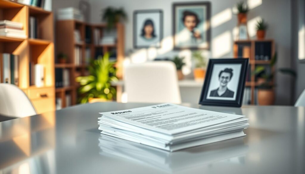 A professional workspace with a focus on a neatly arranged table displaying a résumés and a framed professional photo. In the foreground, a clean, polished table holding a laptop and a stack of CVs with crisp white paper. The middle ground features a subtle, abstract backdrop of blurred office elements like bookshelves and potted plants, creating a serene atmosphere. Soft natural lighting streams in from a nearby window, casting gentle shadows to enhance the details. Captured with a Sony A7R IV at 70mm, the image is sharply focused on the résumés, highlighting their importance in a job application context. The overall mood is professional and inviting, reinforcing the significance of including a photo in a résumé. A professional workspace with a focus on a neatly arranged table displaying a résumés and a framed professional photo. In the foreground, a clean, polished table holding a laptop and a stack of CVs with crisp white paper. The middle ground features a subtle, abstract backdrop of blurred office elements like bookshelves and potted plants, creating a serene atmosphere. Soft natural lighting streams in from a nearby window, casting gentle shadows to enhance the details. Captured with a Sony A7R IV at 70mm, the image is sharply focused on the résumés, highlighting their importance in a job application context. The overall mood is professional and inviting, reinforcing the significance of including a photo in a résumé.