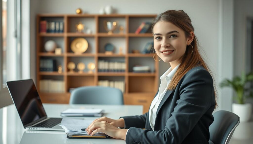 A professional young girl in a modern office setting, showcasing popular kaufmännische Berufe in Germany. She is wearing smart business attire, seated at a sleek desk filled with documents and a laptop, symbolizing her role in finance or administration. In the background, there are shelves lined with books and awards, illustrating success in her career. Natural light filters through large windows, creating a bright and inviting atmosphere. The focus is sharp, highlighting her confident expression and engaged demeanor. The image is captured with a Sony A7R IV at 70mm, emphasizing clarity and detail, with a polarized filter used to enhance the vibrancy of the colors and reduce glare. The overall mood is professional and inspiring, reflecting ambition and the evolving role of women in business. A professional young girl in a modern office setting, showcasing popular kaufmännische Berufe in Germany. She is wearing smart business attire, seated at a sleek desk filled with documents and a laptop, symbolizing her role in finance or administration. In the background, there are shelves lined with books and awards, illustrating success in her career. Natural light filters through large windows, creating a bright and inviting atmosphere. The focus is sharp, highlighting her confident expression and engaged demeanor. The image is captured with a Sony A7R IV at 70mm, emphasizing clarity and detail, with a polarized filter used to enhance the vibrancy of the colors and reduce glare. The overall mood is professional and inspiring, reflecting ambition and the evolving role of women in business.