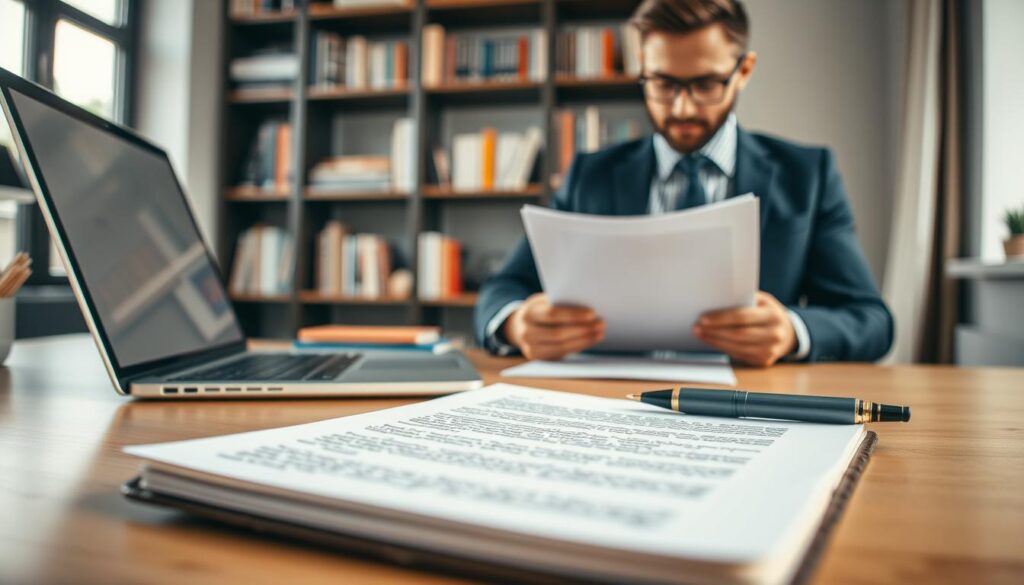 A professionally designed workspace featuring a well-organized desk with a laptop, a stylish notebook, and a pen, symbolizing the essence of a tailored job application. In the foreground, a close-up of a meticulously crafted cover letter, with personalized elements such as a unique design and handwritten notes. In the middle ground, a confident individual dressed in smart business attire is intently reviewing documents, showcasing initiative and individuality. The background includes a blurred bookshelf filled with career development books, enhancing the theme of personal growth. Soft, natural lighting filters through a nearby window, creating a warm and inviting atmosphere. Captured with a Sony A7R IV at 70mm, the image is sharply defined with a polarized filter, emphasizing clarity and professionalism. A professionally designed workspace featuring a well-organized desk with a laptop, a stylish notebook, and a pen, symbolizing the essence of a tailored job application. In the foreground, a close-up of a meticulously crafted cover letter, with personalized elements such as a unique design and handwritten notes. In the middle ground, a confident individual dressed in smart business attire is intently reviewing documents, showcasing initiative and individuality. The background includes a blurred bookshelf filled with career development books, enhancing the theme of personal growth. Soft, natural lighting filters through a nearby window, creating a warm and inviting atmosphere. Captured with a Sony A7R IV at 70mm, the image is sharply defined with a polarized filter, emphasizing clarity and professionalism.