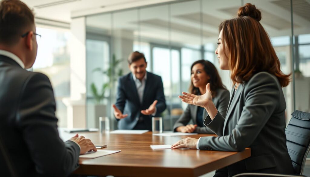 A scene depicting a diverse group of three business leaders engaged in a collaborative discussion around a modern conference table. The foreground features a thoughtful woman in professional business attire, actively listening to her colleagues, showing empathy through her body language and facial expression. In the middle, a man gestures with open hands, illustrating transparency and understanding, while another leader nods in agreement, reflecting a supportive and inclusive atmosphere. The background reveals a bright office environment with large windows, allowing natural light to stream in, creating a warm and inviting mood. Shot on a Sony A7R IV with a 70mm lens, clearly focused and sharply defined, using a polarized filter to enhance colors and contrast. A scene depicting a diverse group of three business leaders engaged in a collaborative discussion around a modern conference table. The foreground features a thoughtful woman in professional business attire, actively listening to her colleagues, showing empathy through her body language and facial expression. In the middle, a man gestures with open hands, illustrating transparency and understanding, while another leader nods in agreement, reflecting a supportive and inclusive atmosphere. The background reveals a bright office environment with large windows, allowing natural light to stream in, creating a warm and inviting mood. Shot on a Sony A7R IV with a 70mm lens, clearly focused and sharply defined, using a polarized filter to enhance colors and contrast.