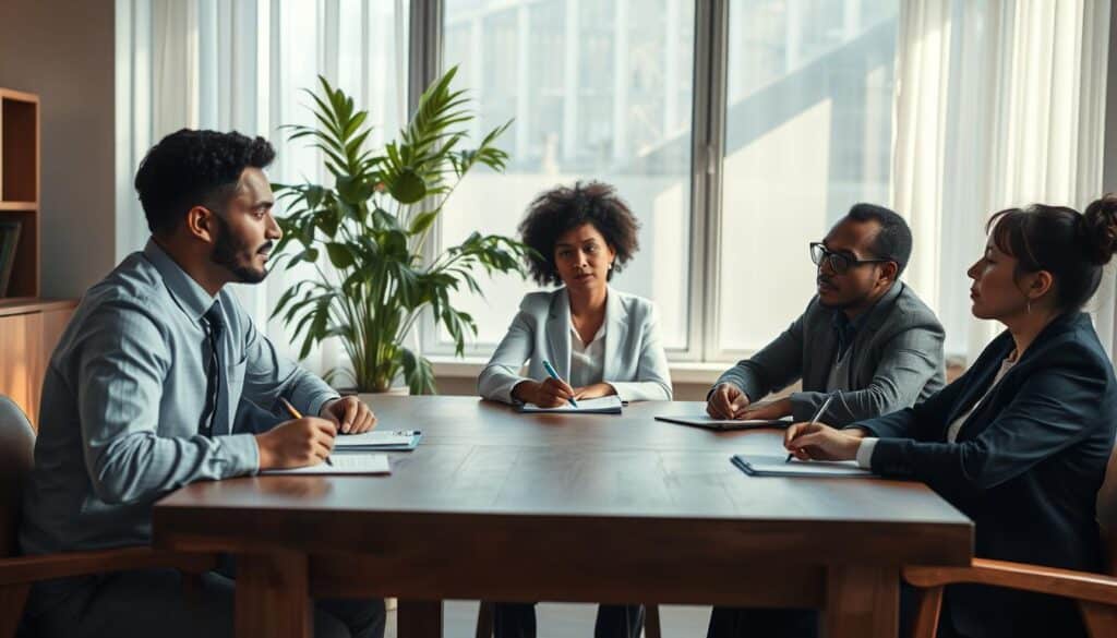 A serene and contemplative scene illustrating the concept of "self-reflection." In the foreground, a diverse group of three individuals, dressed in professional business attire, sit around a large wooden table. Each person is engaged in thoughtful discussion, with notepads and pens in hand, reflecting various emotions of curiosity and determination. The middle ground features a large window with soft natural light filtering in, casting gentle shadows across the table. In the background, a lush indoor plant adds a touch of greenery, enhancing the calm atmosphere. The image is shot with a Sony A7R IV at 70mm, ensuring clear focus and sharp definition, with a polarized filter to enrich colors and reduce glare. The mood is introspective and encouraging, inviting viewers to explore their own strengths.